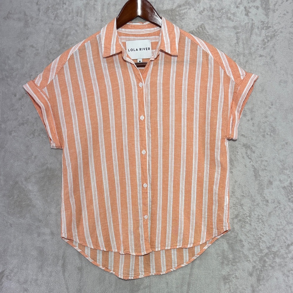 Lola River Apricot Striped Button Up Linen Blend Top Size M